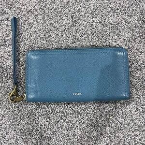 Fossil Blue Genuine Leather Zip around Clutch Wallet Full Size Removable Strap